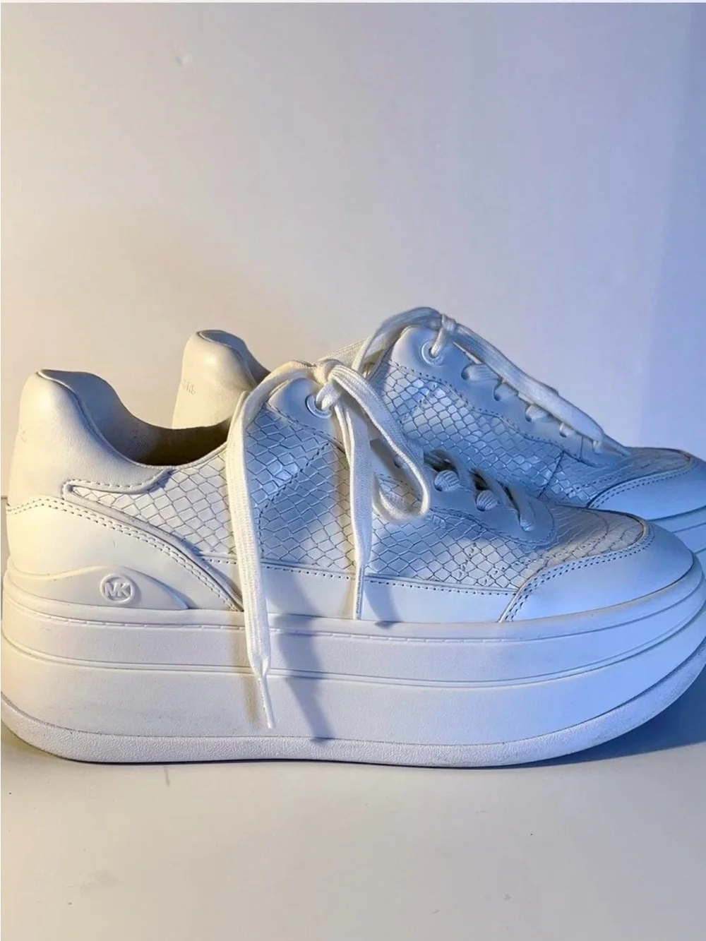 Michael Kors White Platform Lace-Up Sneakers with Woven Detail